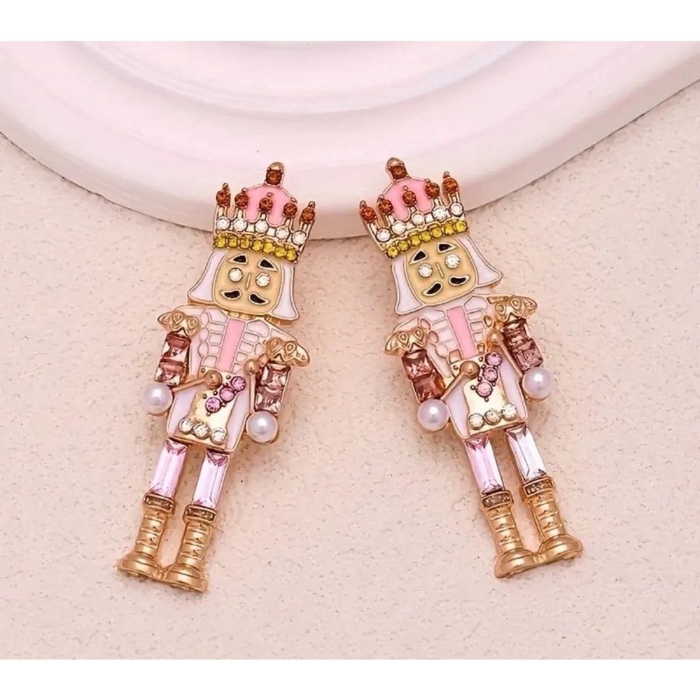 Pink Nutcracker Rhinestone Dangle Earrings